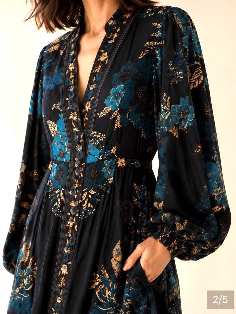 Caroline Constas rayon floral boho long sleeve button down MIDI dress navy - Picture 3 of 16